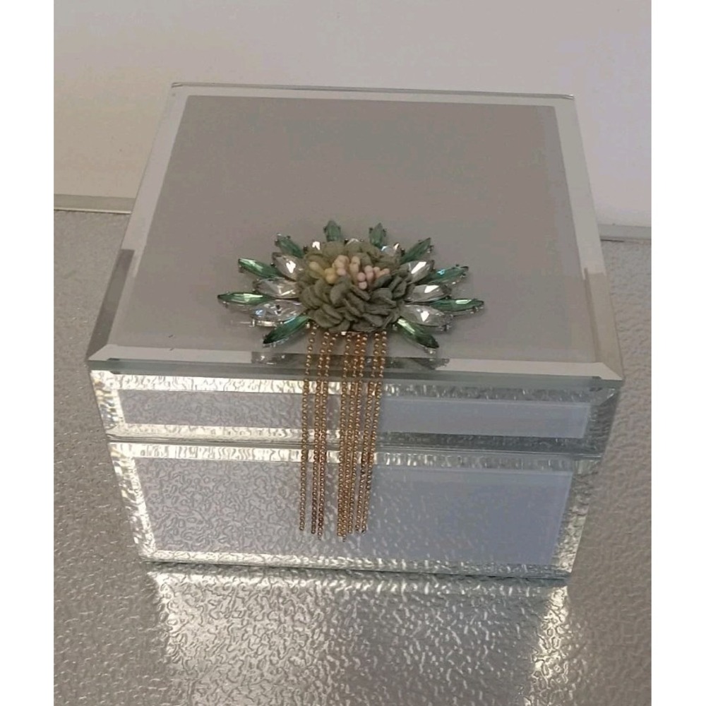 Taizhoe Art Deco Floral Chain Frosted Glass Mirror Jewelryโ Trinket Box